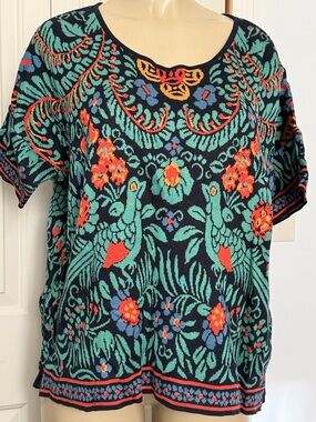 NEW WITH TAG Peruvian Connection Black Knit Top with Green & Coral Bird Motif